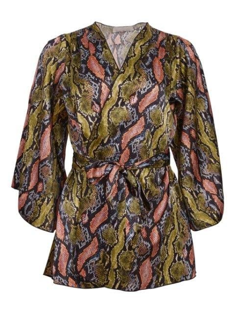 angel-sleeve snakeskin-print silk robe by FLEUR DU MAL