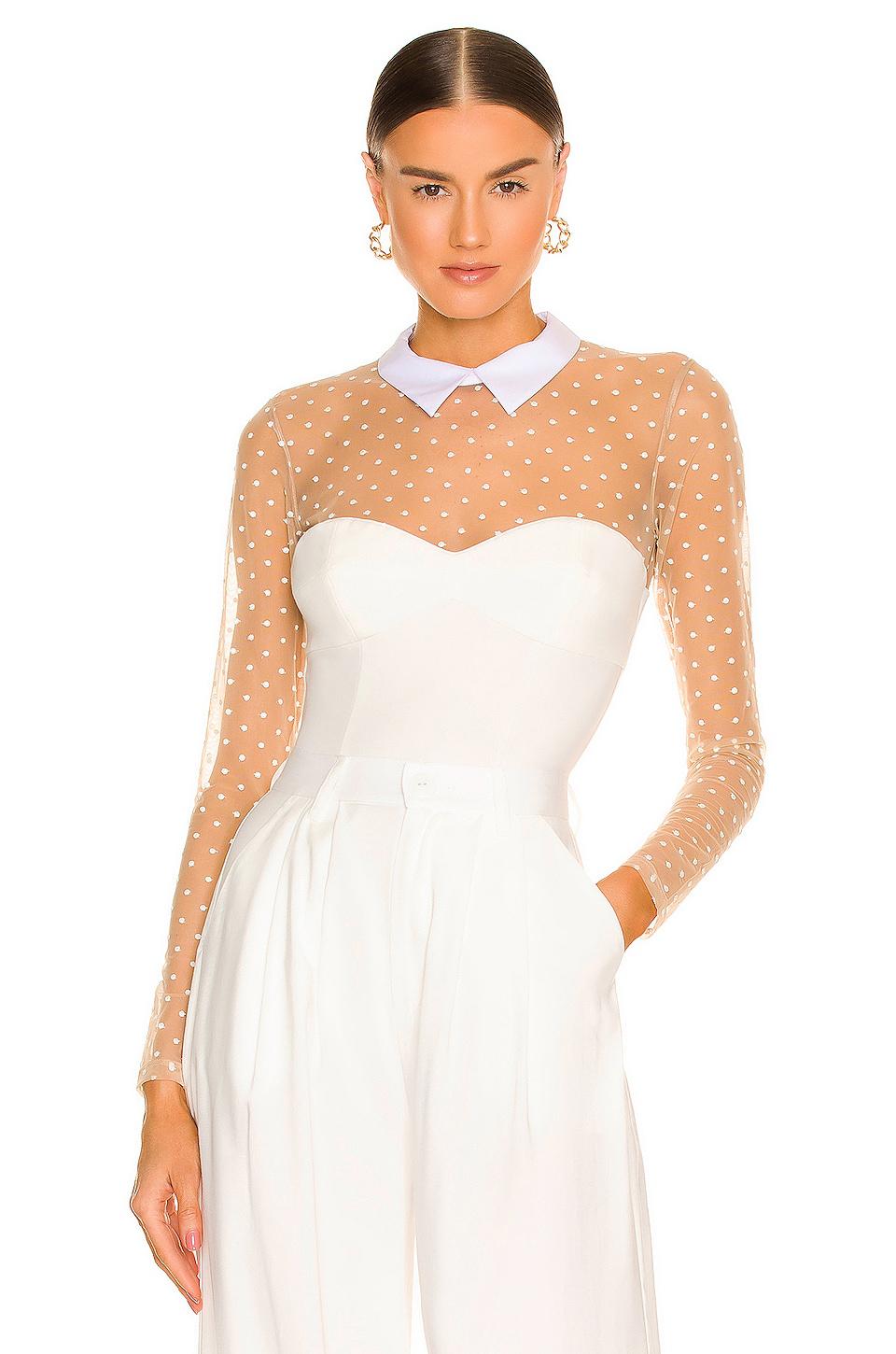fleur du mal Collared Bodysuit With Dotted Tulle in Ivory by FLEUR DU MAL