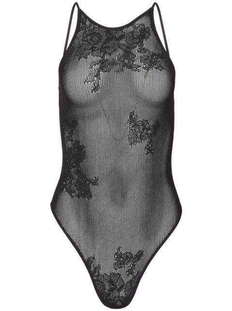 pointelle-knit lace racer bodysuit by FLEUR DU MAL