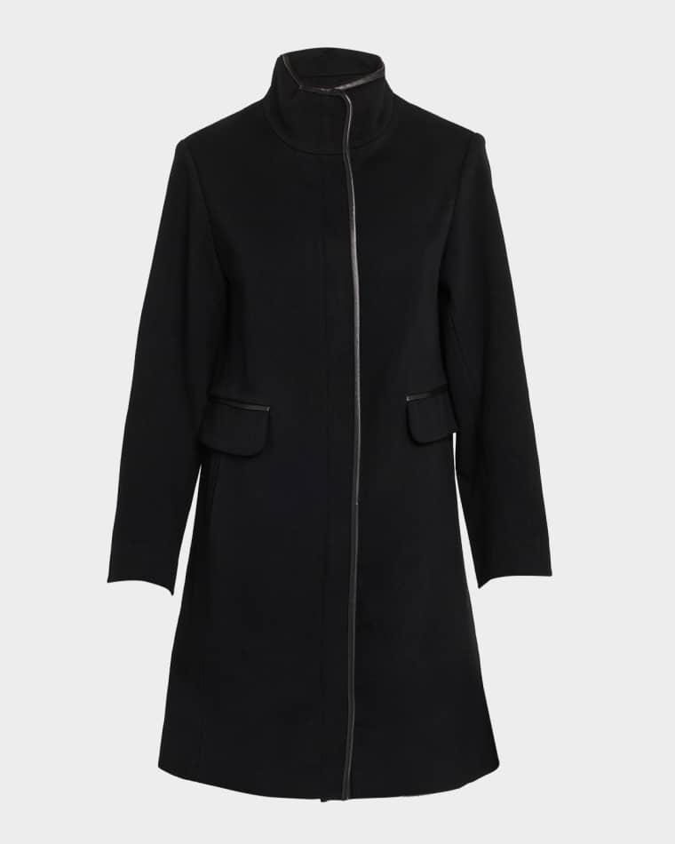 Margaux Mid-Length Wool Coat with Leather Trim by FLEURETTE