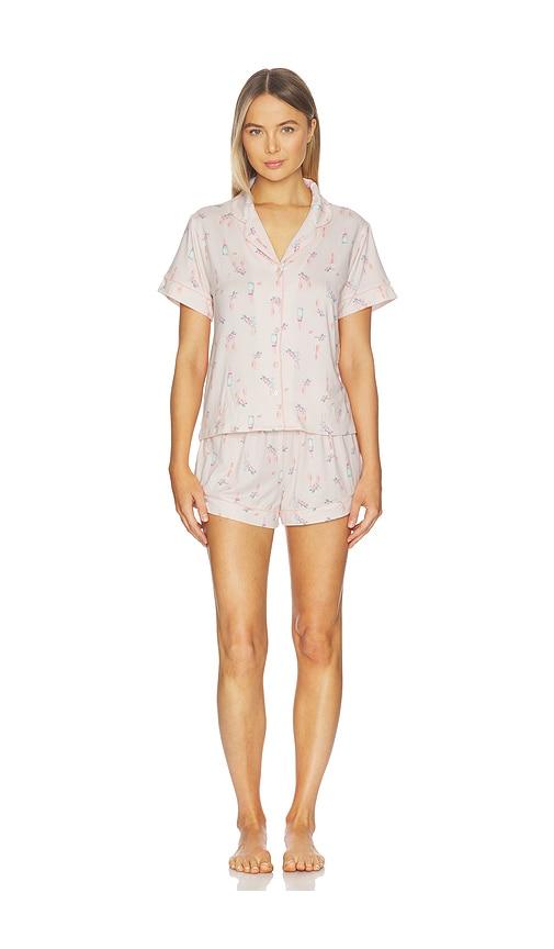 Flora Nikrooz Printed Knit Notch And Short Set in Pink by FLORA NIKROOZ