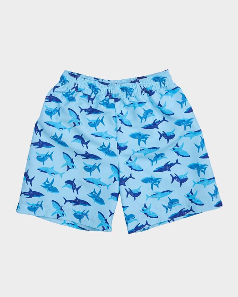 Boy's Blue Shark Print Supplex Swim Trunks by FLORENCE EISEMAN