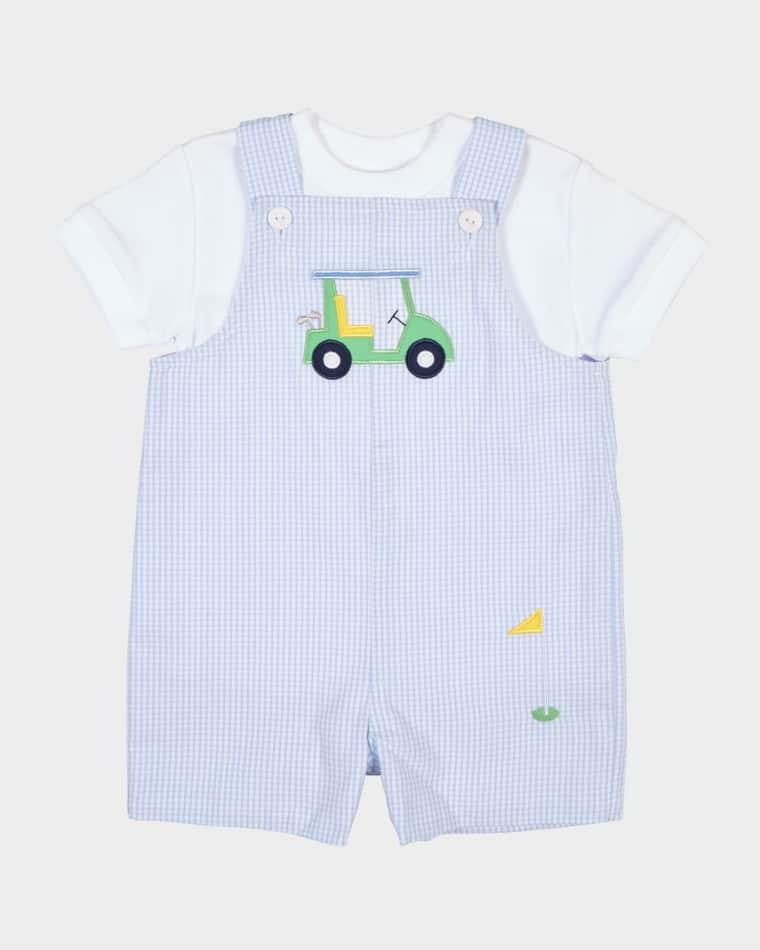 Boy's Golf Cart Check Seersucker Shortall, Size 3M-24M by FLORENCE EISEMAN