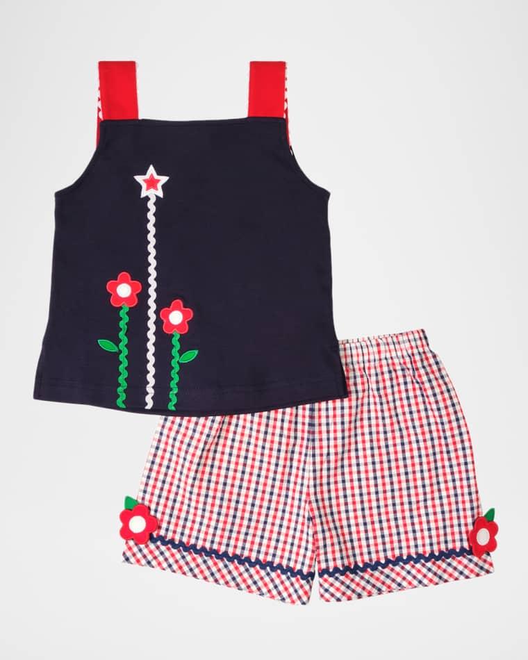 Girl's Flower Applique Knit Top and Gingham Shorts Set, Size 2-8 by FLORENCE EISEMAN