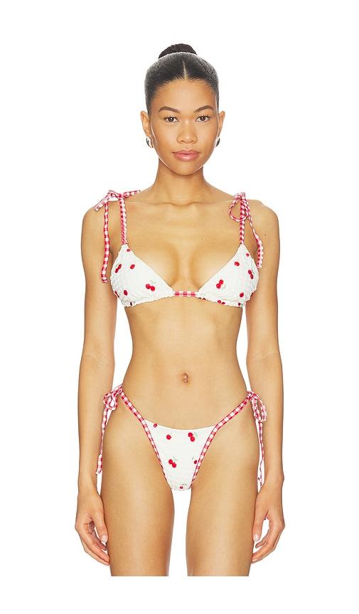 For Love & Lemons Beaded Cherries Bikini Top in Cream,Red by FOR LOVE&LEMONS