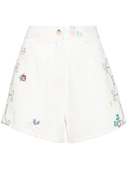 floral-embroidered denim shorts by FORTE_FORTE