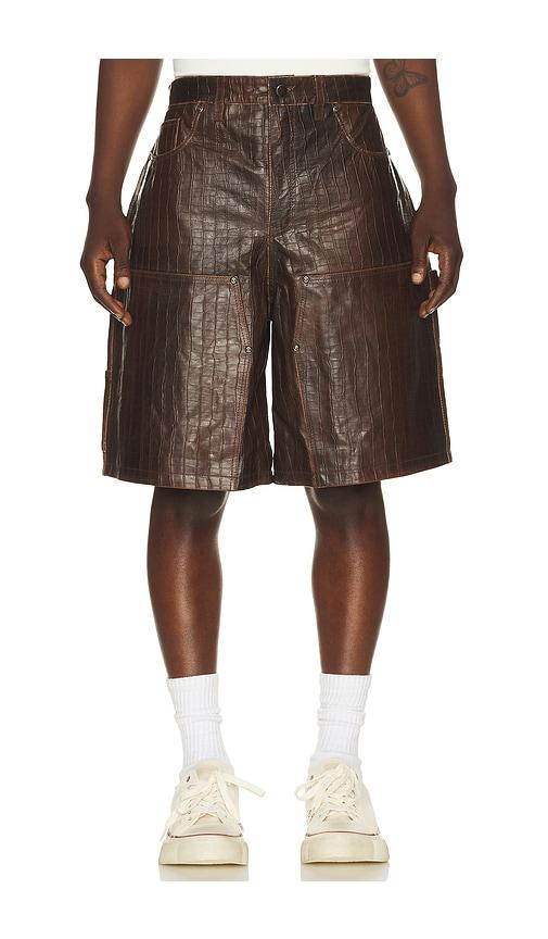 Found Distressed Croc Embossed Leather Shorts in Brown by FOUND