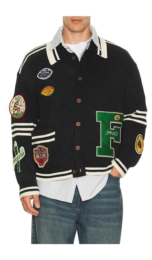 Found Varsity Patch Collared Cardigan in Black by FOUND