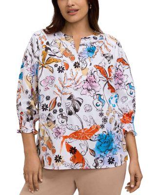 Alicia 3/4 Sleeve Tropical Watercolor Shirt by FOXCROFT PLUS