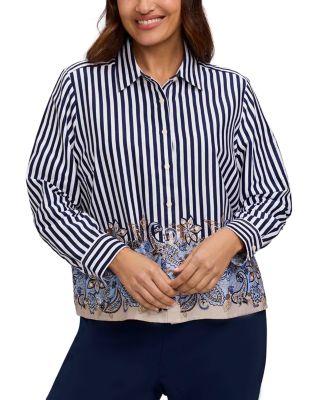 Jodie Long Sleeve Stripe Paisley Shirt by FOXCROFT PLUS