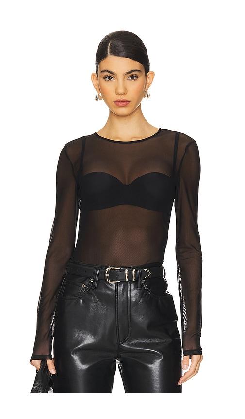 FRAME Stretch Mesh Bodysuit in Black by FRAME