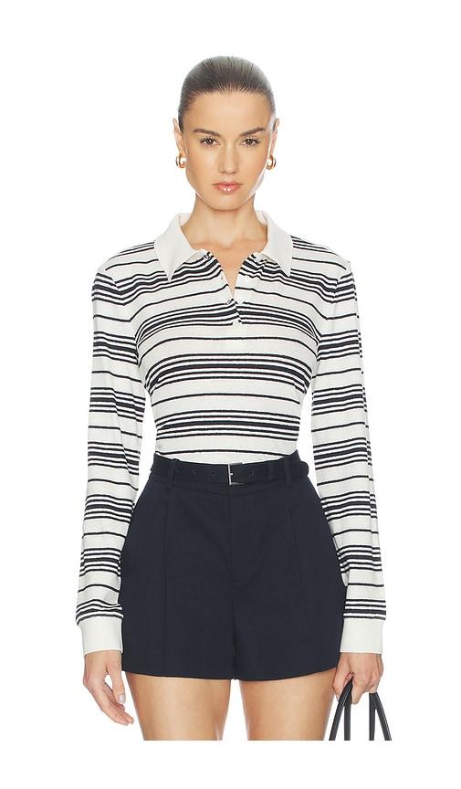 FRAME The Striped Long Sleeve Polo in Black,White by FRAME
