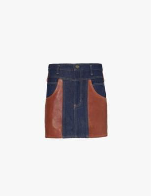 Leather patch-pocket denim and leather mini skirt by FRAME