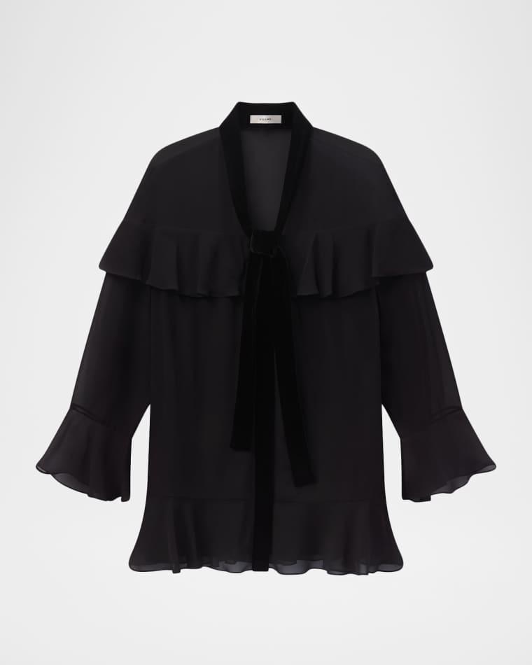 Silk Long-Sleeve Mini Dress with Velvet Tie by FRAME Silk Long-Sleeve Mini Dress with Velvet Tie by FRAME