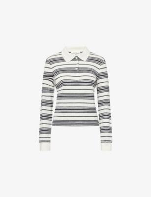 The Striped Long-Sleeve Linen-Blend Polo Top by FRAME