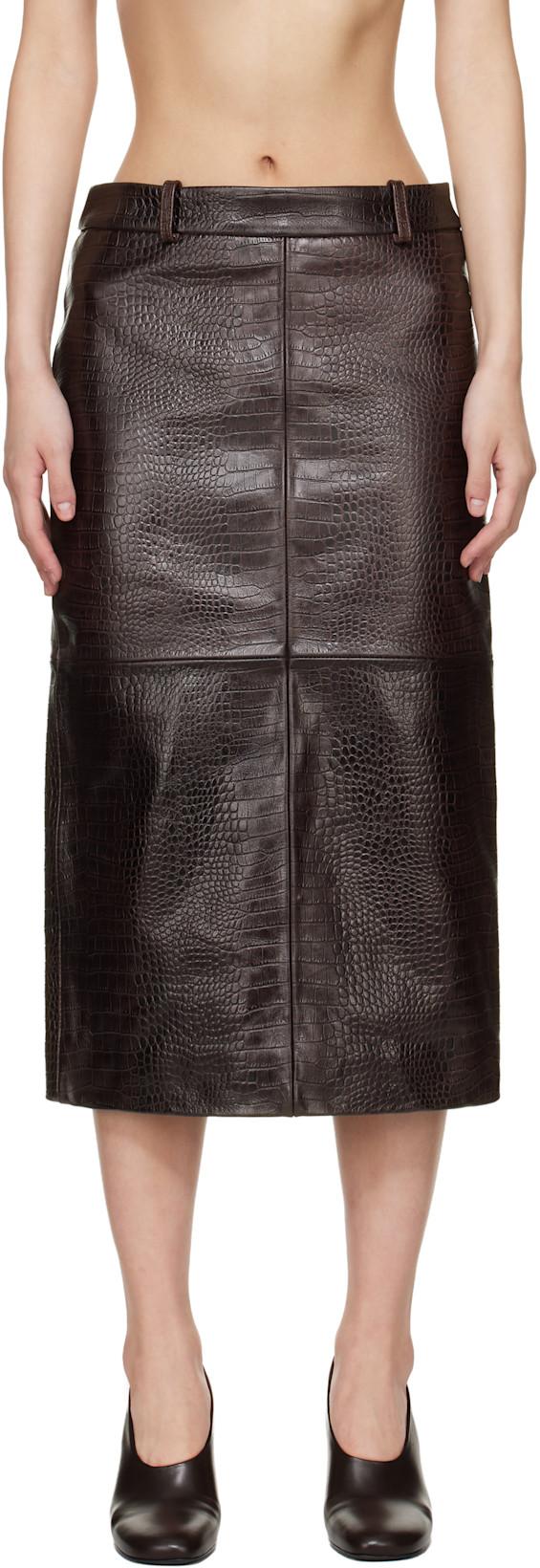 Brown Taney Pencil Croc Leather Midi Skirt by FRANKIE SHOP