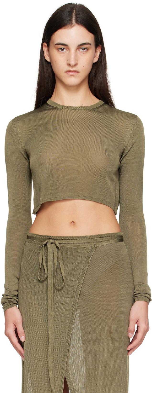 Khaki Kazel Cropped Thin Knit T-shirt by FRANKIE SHOP