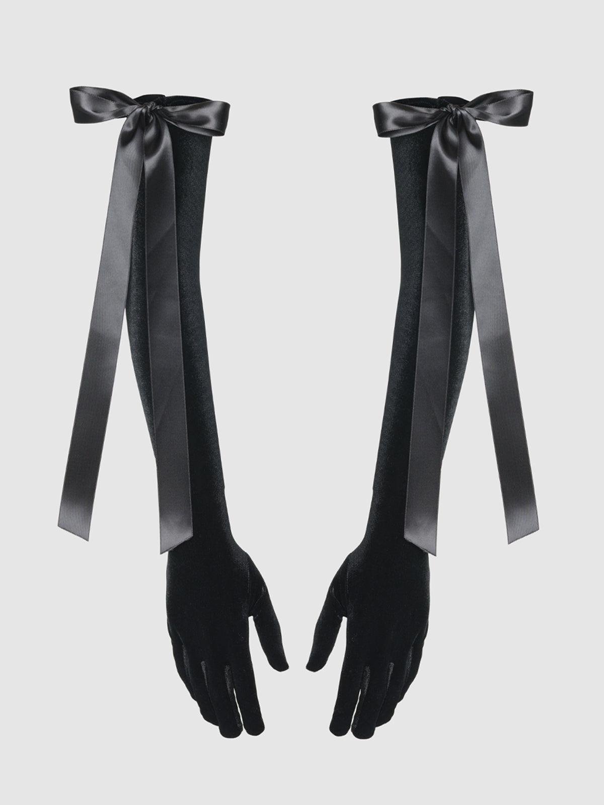 Velvet Long Glove With Satin Bow in Black by FREDERICK'S OF HOLLYWOOD