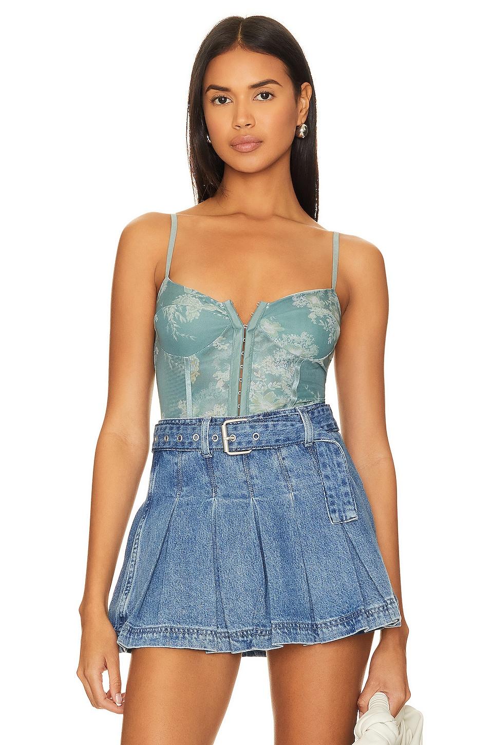 Free People x Intimately FP Night Rhythm Corset Bodysuit In Sage Combo in Denim-Medium by FREE PEOPLE