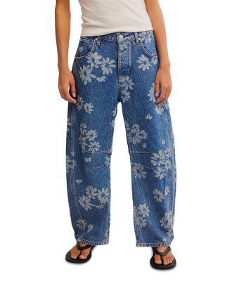 Good Luck Printed Barrel Leg Jeans Laser Daisy by FREE PEOPLE