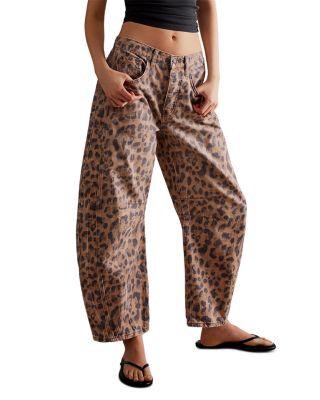 We The Free Good Luck Leopard Barrel Leg Jeans in Brown Sugar by FREE PEOPLE