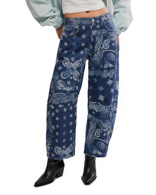 We The Free Good Luck Printed Barrel Leg Jeans in Brown Blue by FREE PEOPLE