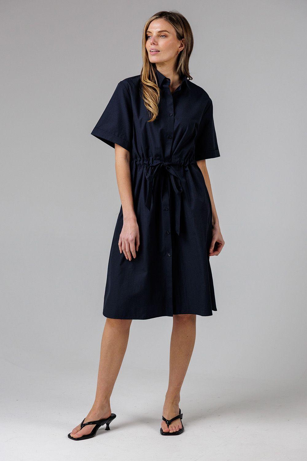 Cotton Blend Short Sleeve Tie Waist Poplin Midi Shirt Dress by FRENCH CONNECTION