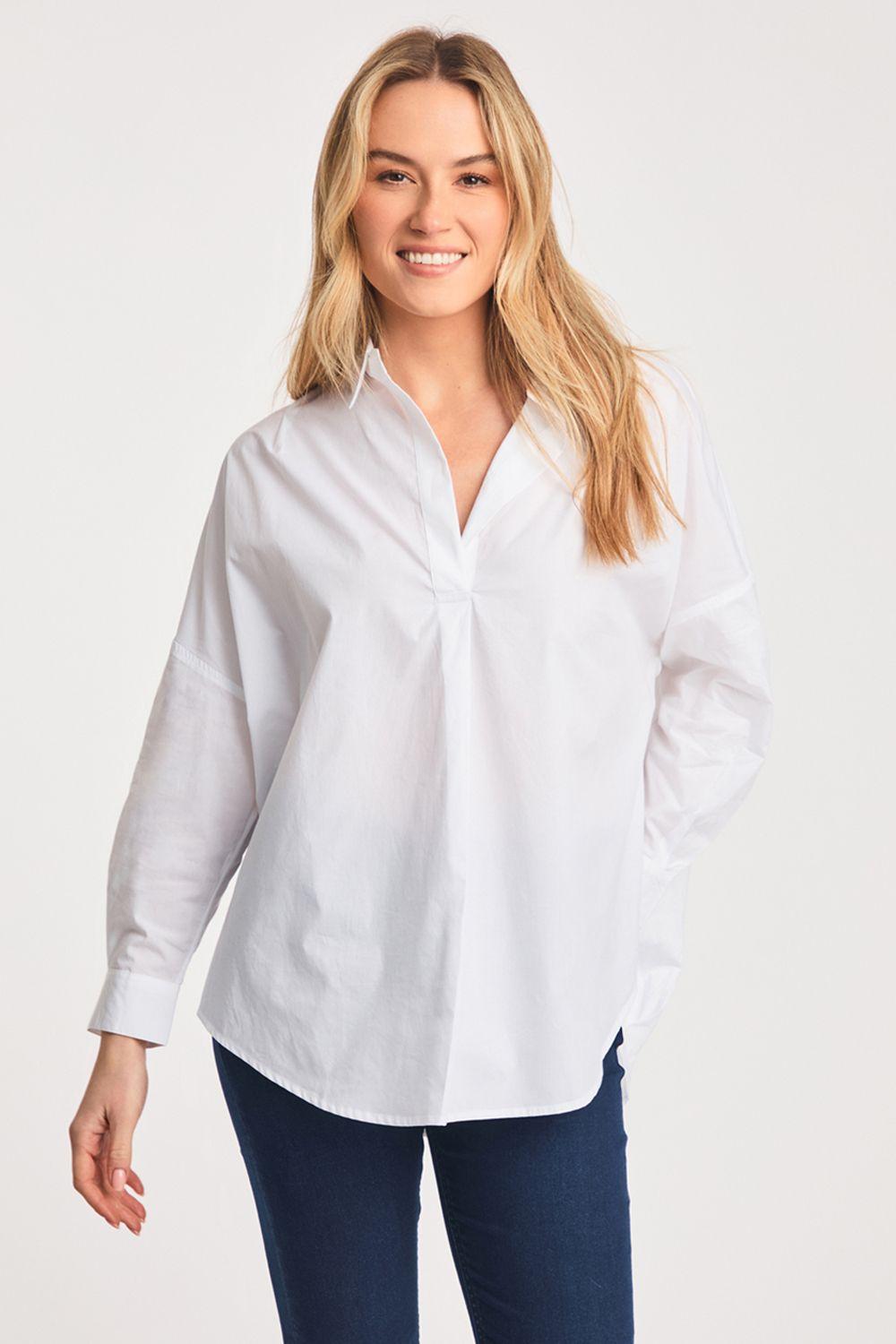 Cotton Long Sleeve Poplin Popover High-Low Hem Shirt by FRENCH CONNECTION