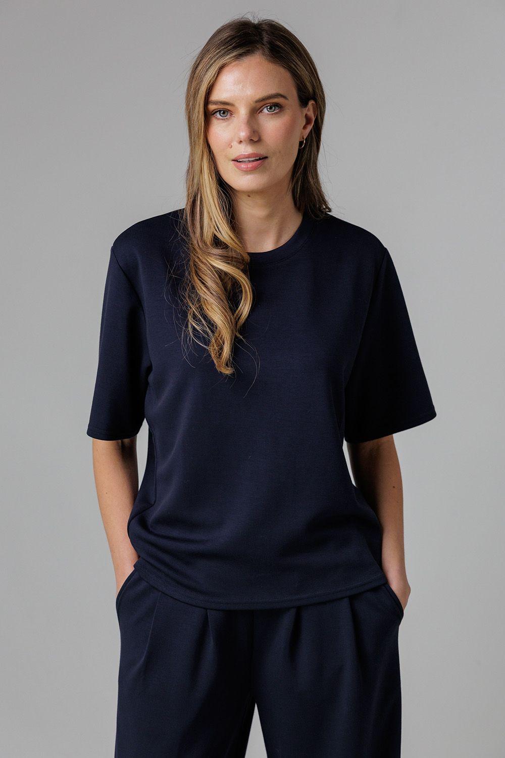 Luxe Short Sleeve Crew Neck Pinched Top by FRENCH CONNECTION