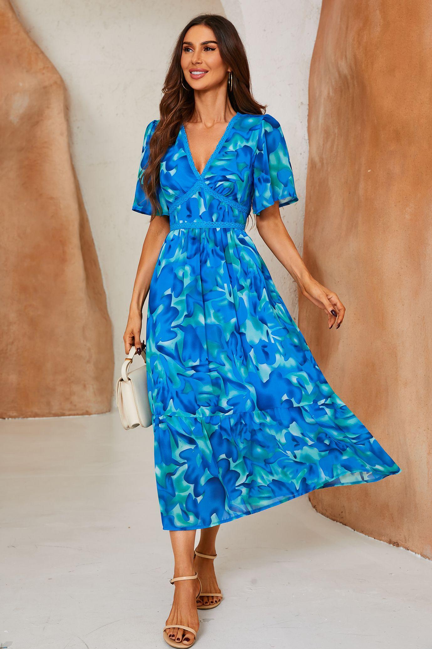 Abstract Floral Print Lace Detail Angel Sleeve Maxi Dress by FS COLLECTION