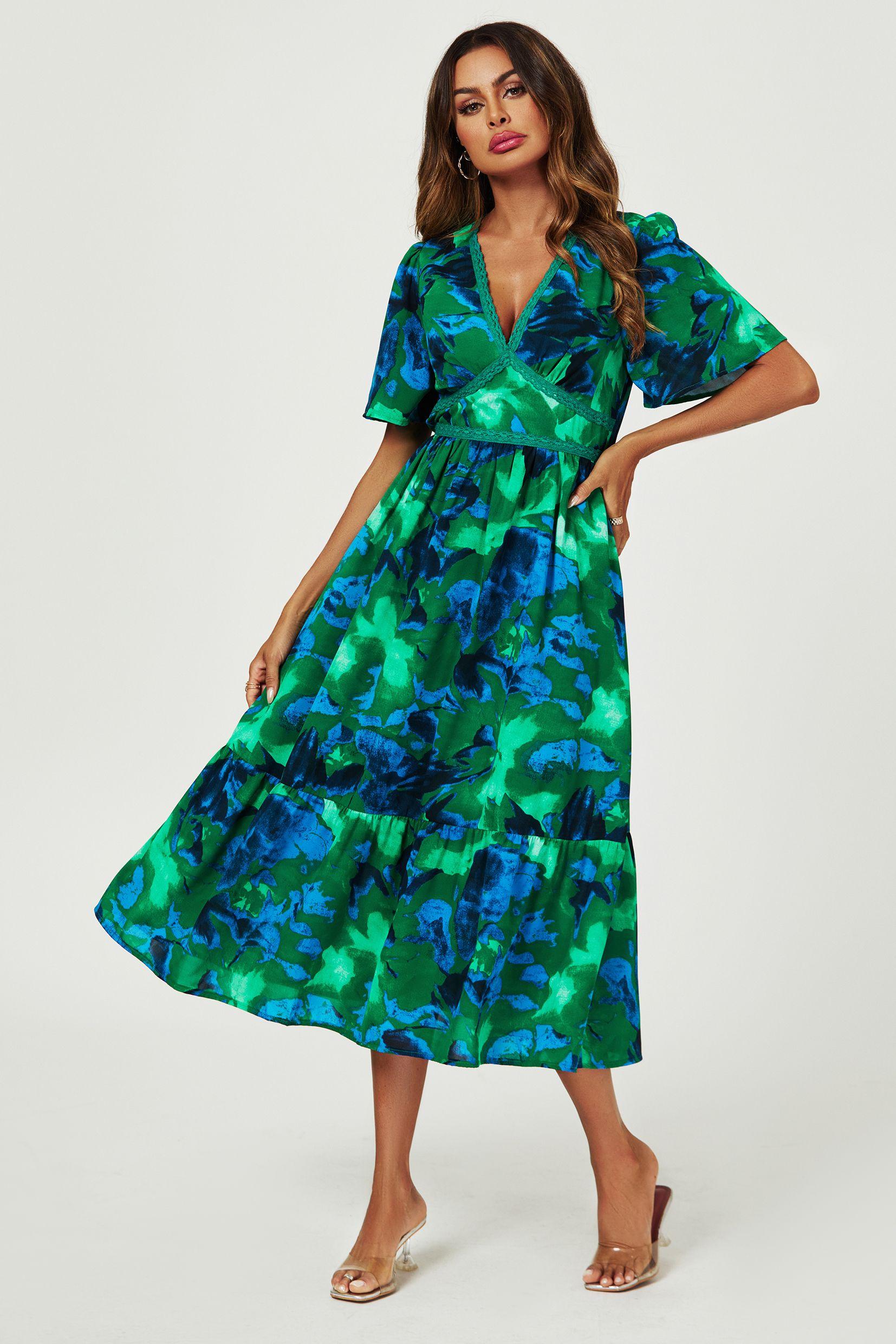 Abstract Floral Print Lace Detail Angel Sleeve Maxi Dress by FS COLLECTION