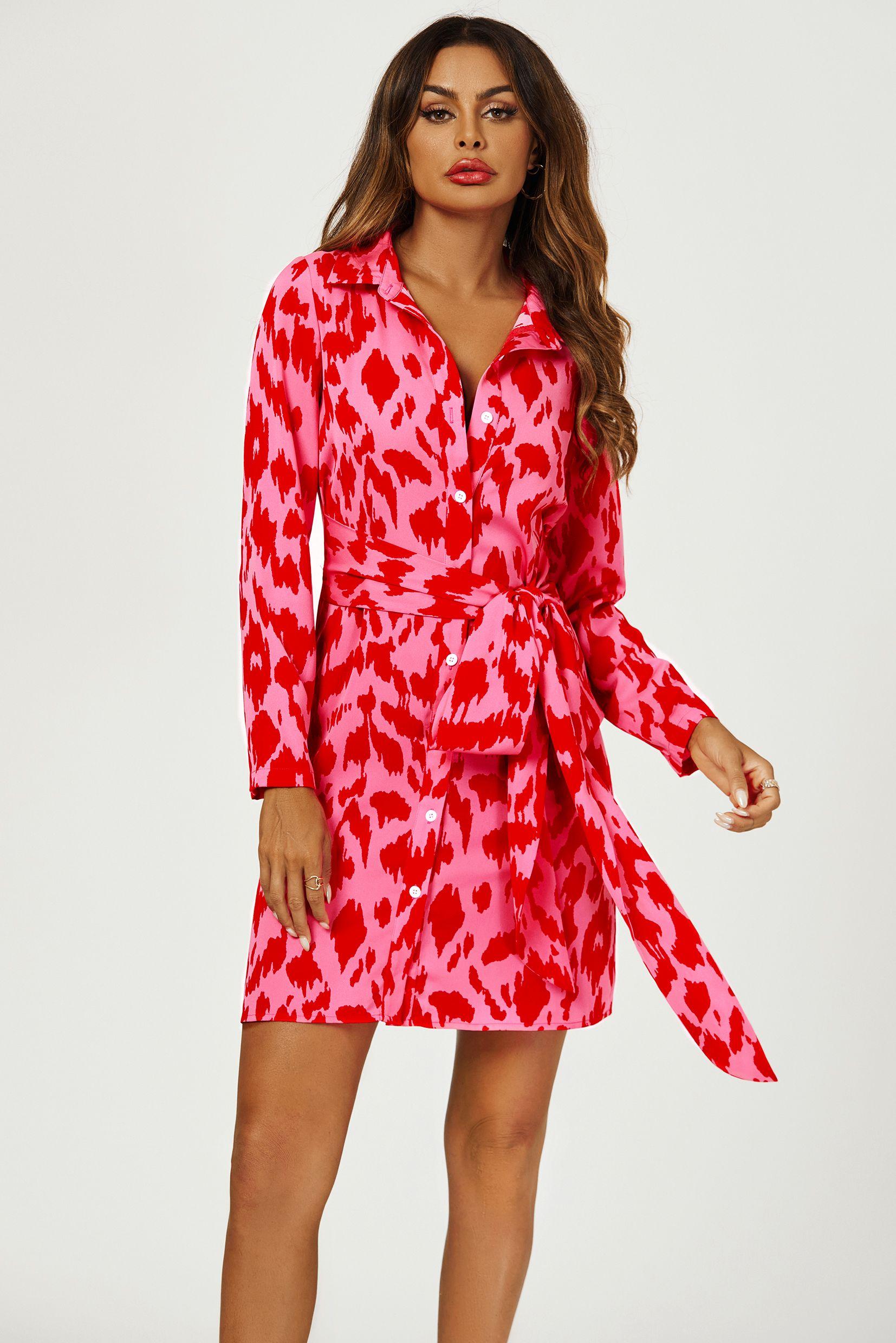 Abstract Print Shirt Mini Wrap Dress In Pink by FS COLLECTION