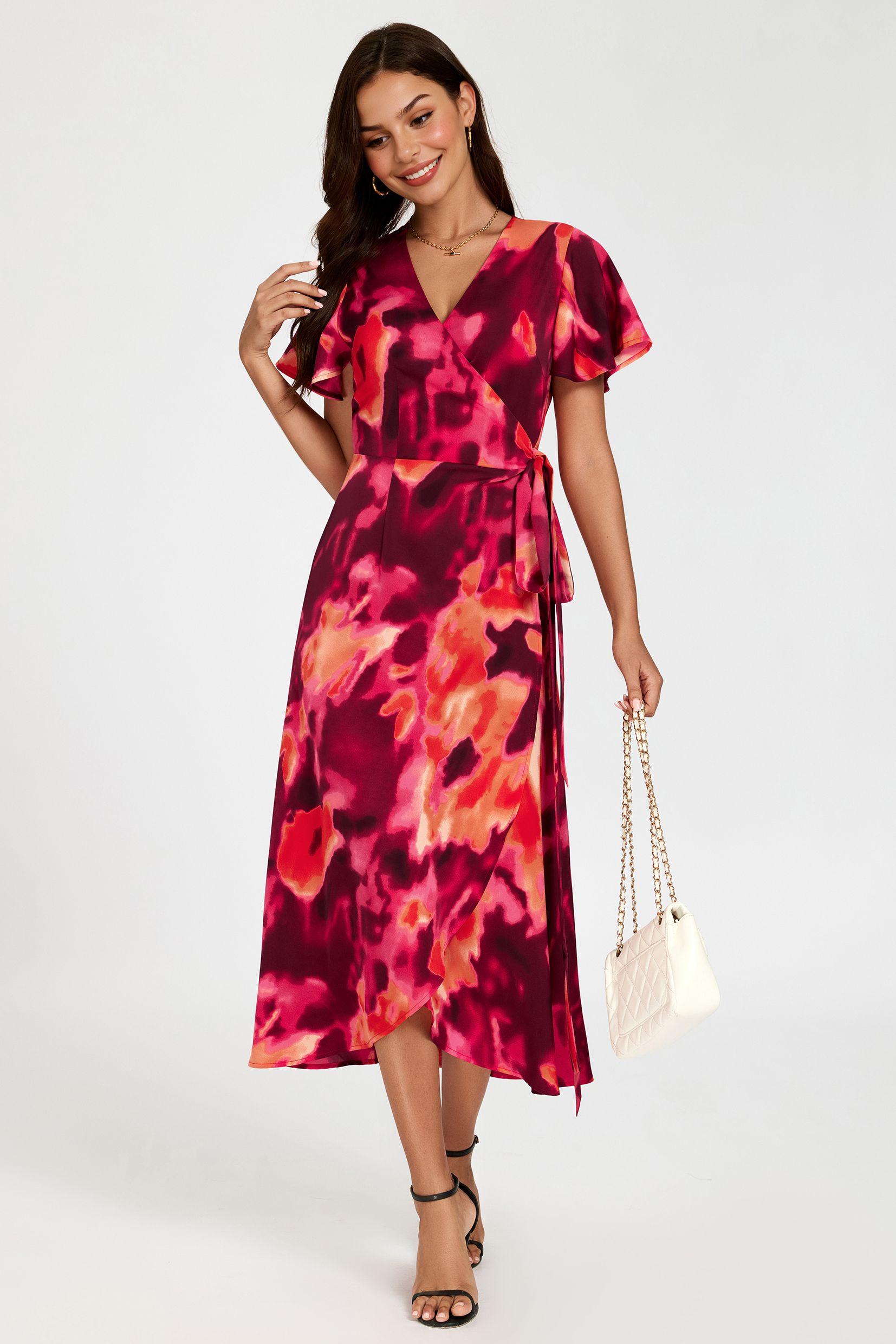 Abstract Print Wrap Maxi Dress In Burgundy by FS COLLECTION