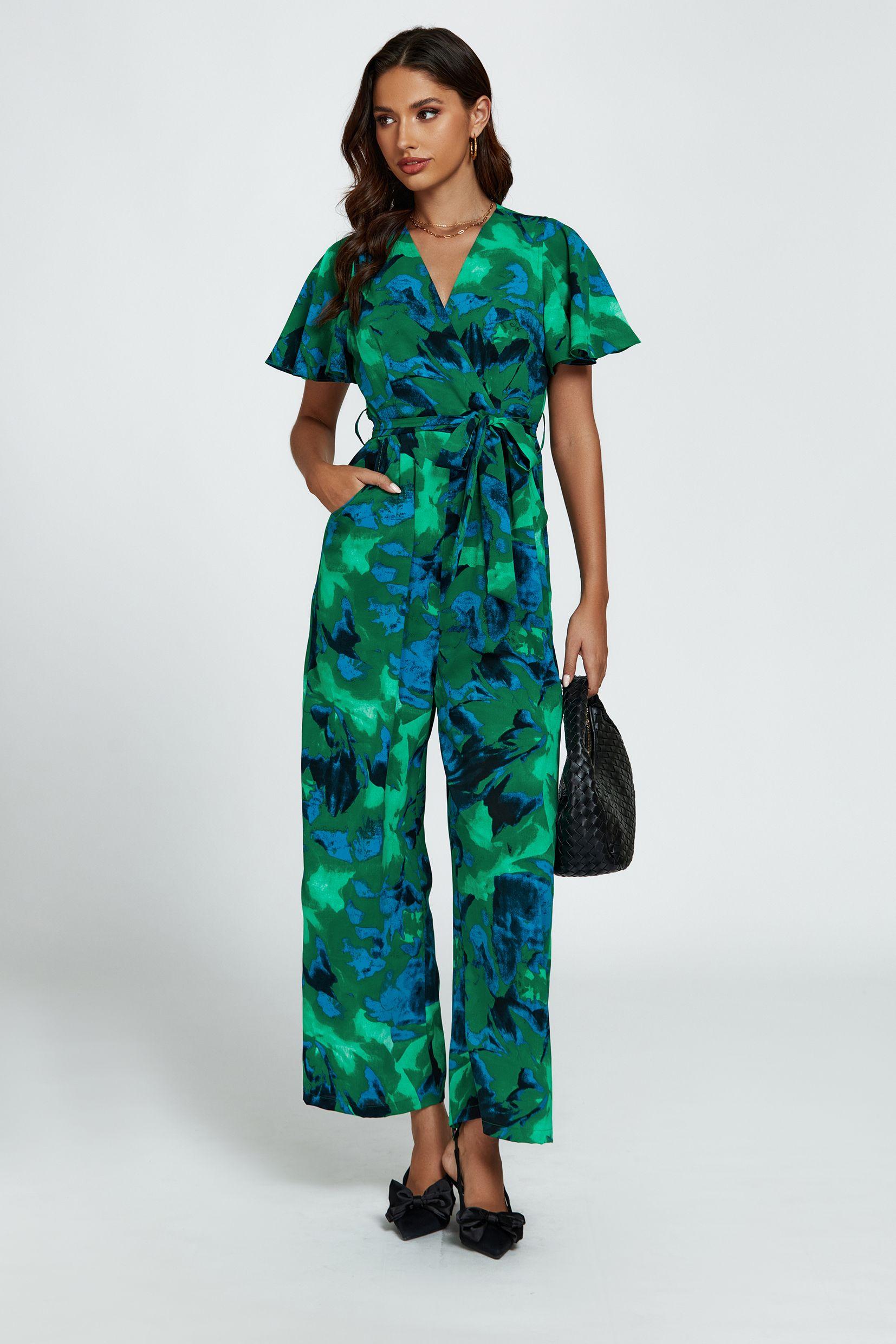 Abstract Print Wrap Top Jumpsuit In Green by FS COLLECTION