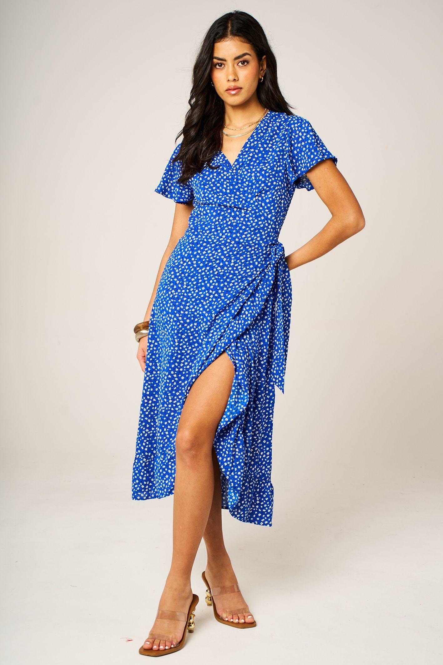 Angel Sleeve Floral Wrap Midi Dress with Hem Frill Detail by FS COLLECTION