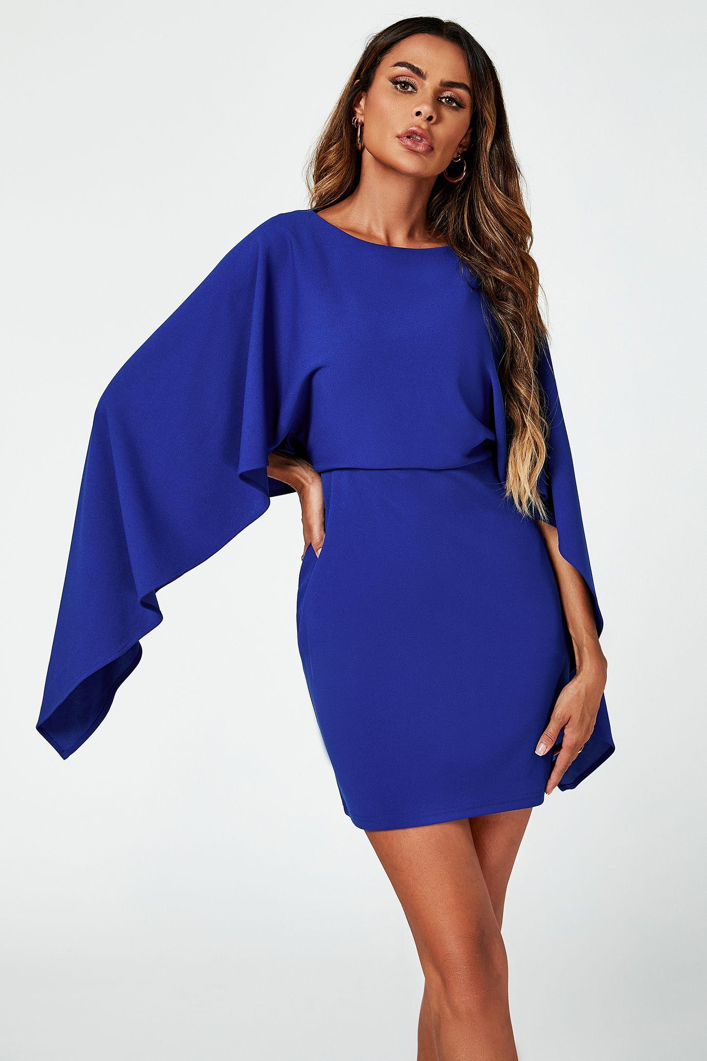 Back Detail Mini Dress With Cape In Blue by FS COLLECTION
