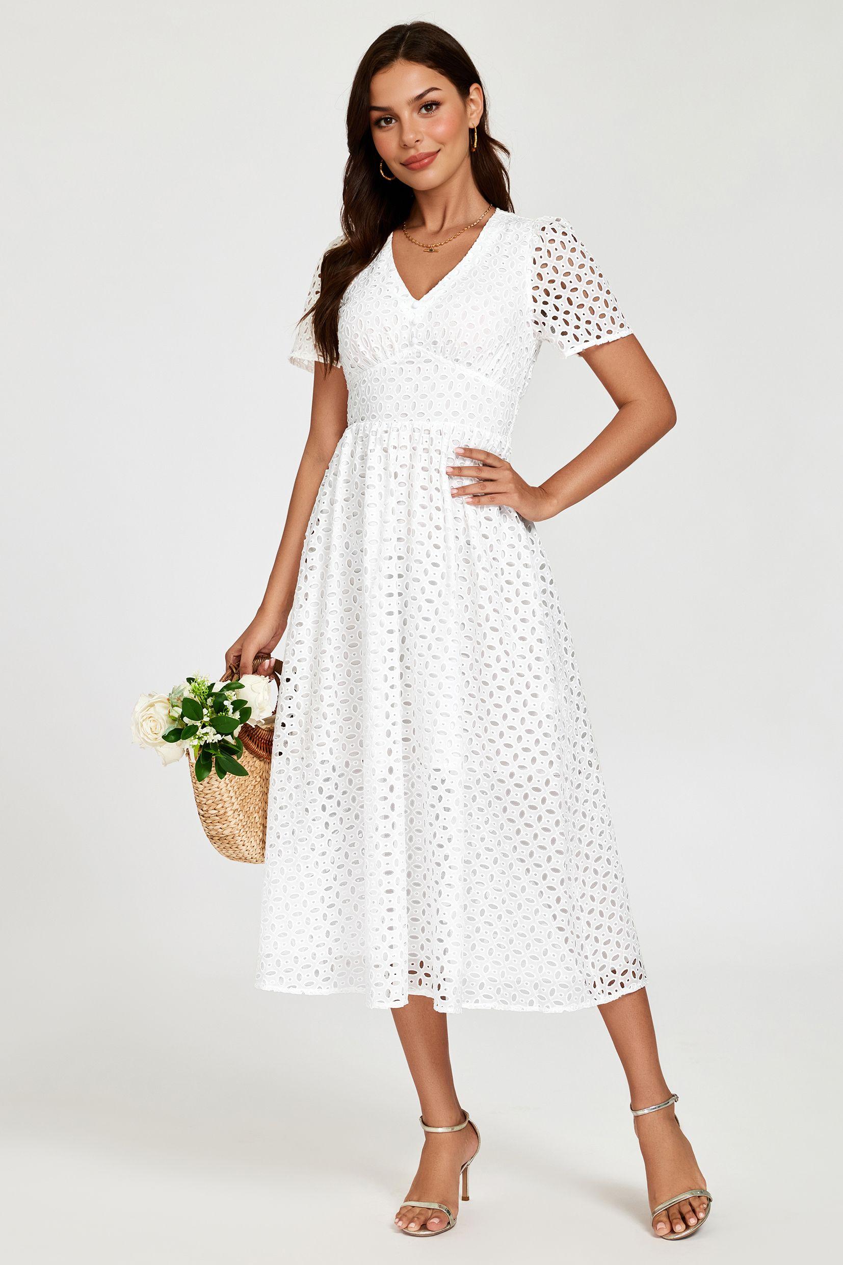 Broderie Anglaise Midi Dress In White by FS COLLECTION