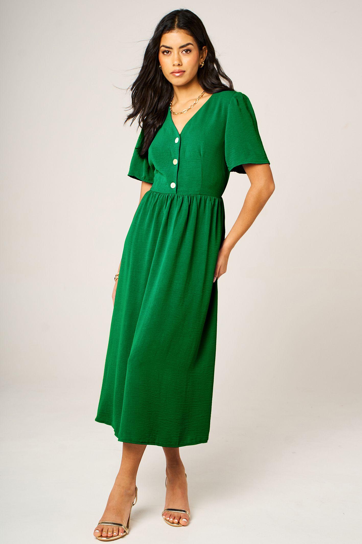 Button Detail Shirred Waist Midi Dress by FS COLLECTION