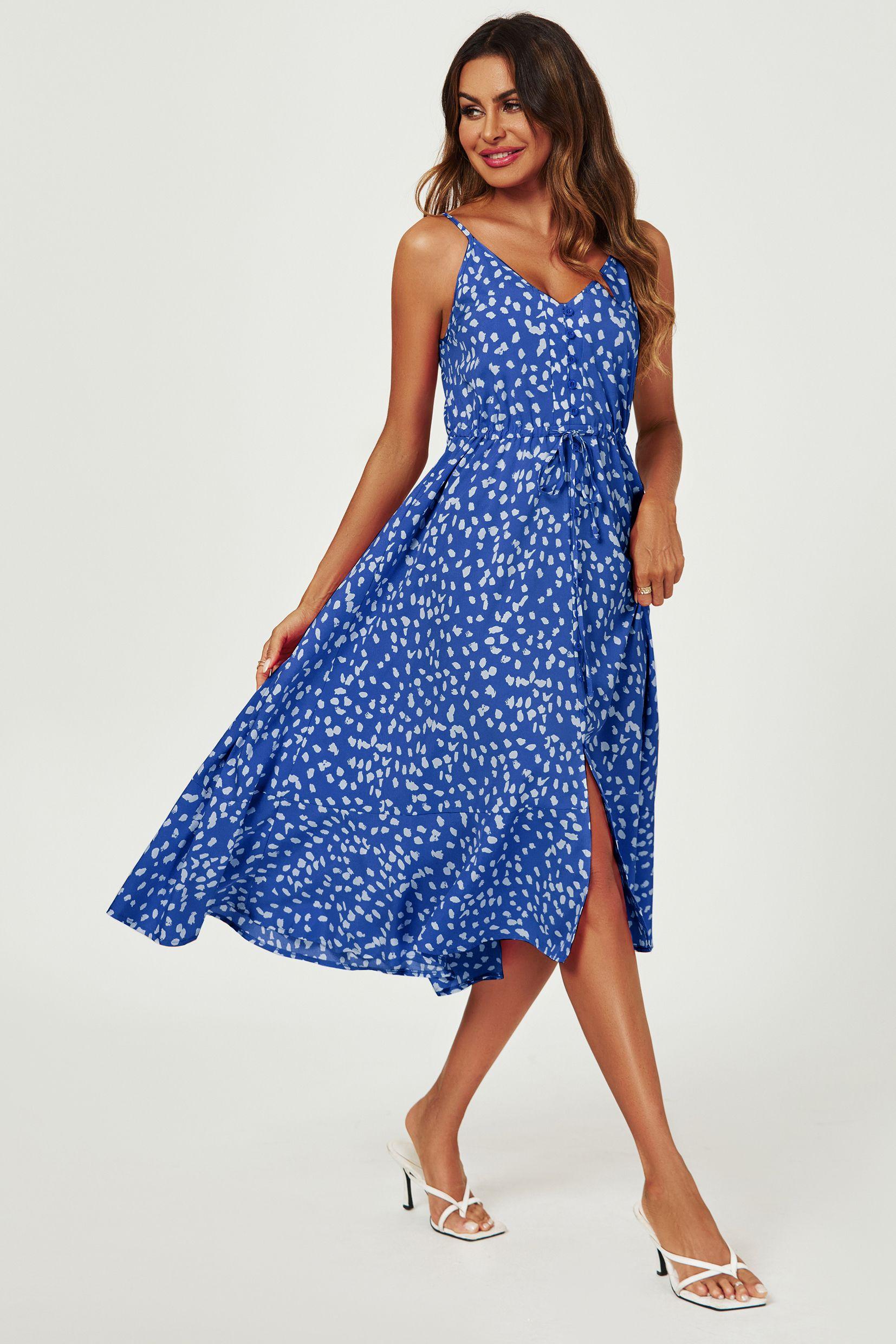 Button Down High Low Strappy Dress In Blue by FS COLLECTION