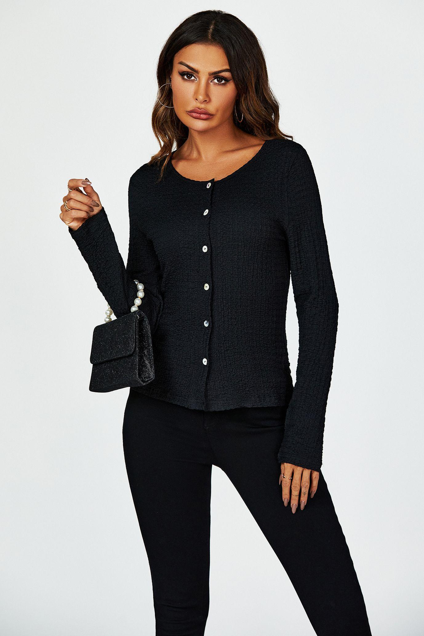 Button Down Ruched Stretch Long Sleeves Top In Black by FS COLLECTION