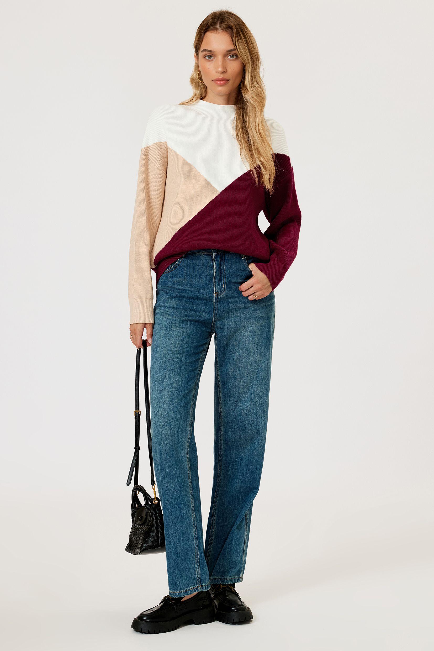 Colour Block Jumper Top In Camel & Wine & White by FS COLLECTION