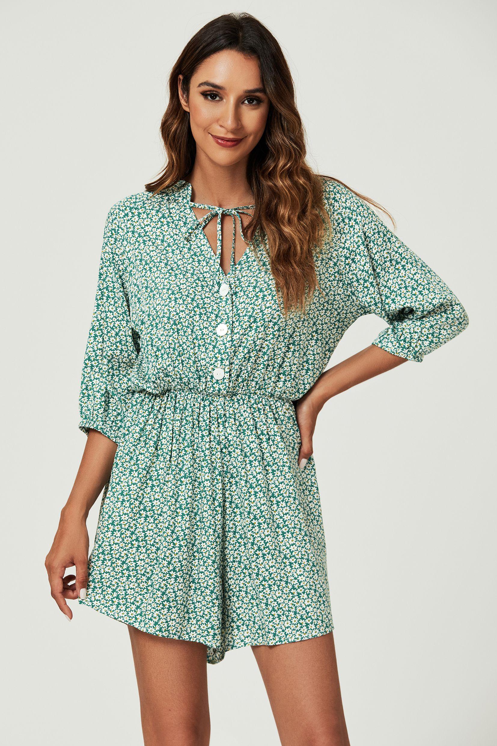 Daisy Floral Print Boho Playsuit With Buttons In Green by FS COLLECTION