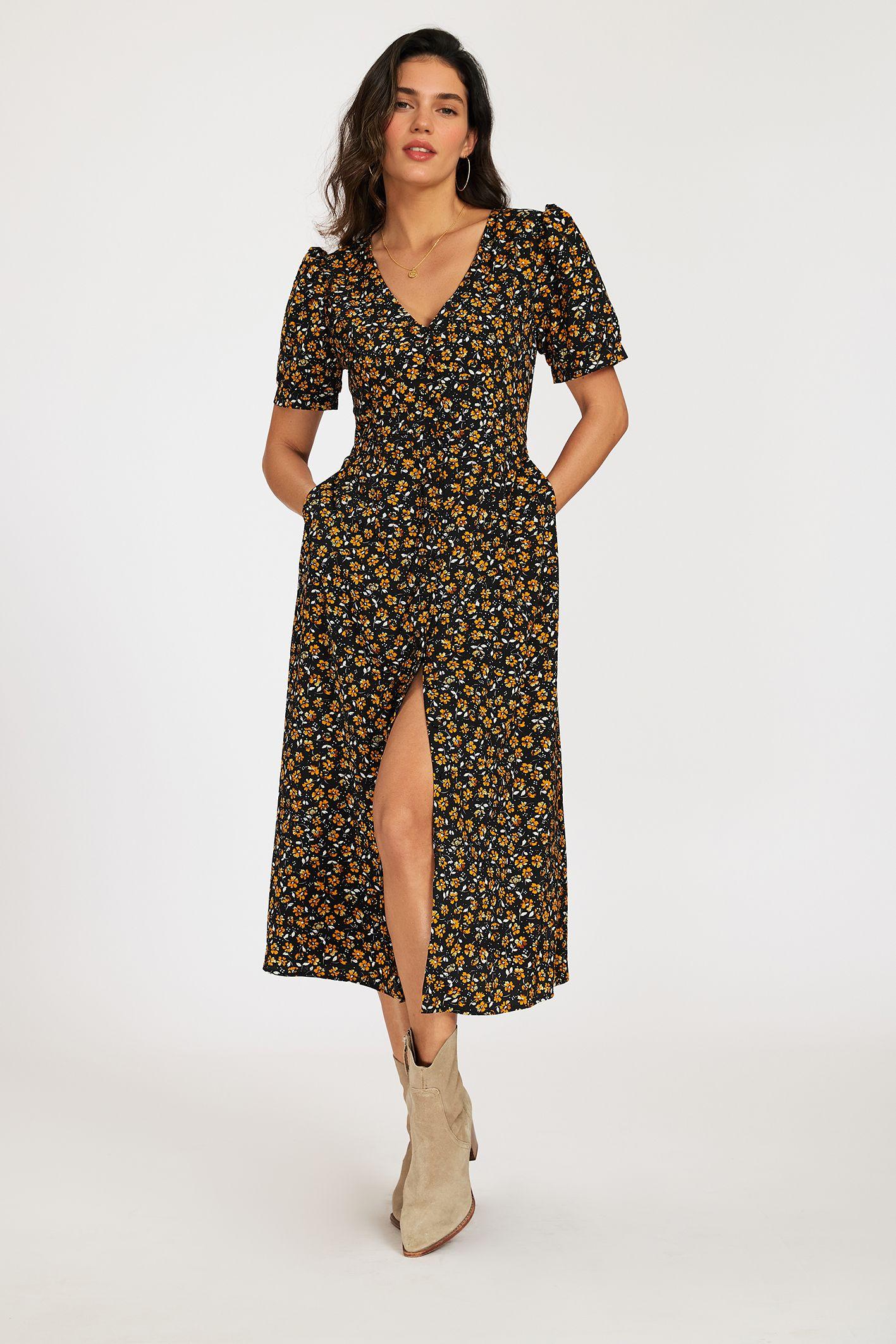 Ditsy Floral Print Button-Front Midi Dress with Short Sleeves In Black by FS COLLECTION