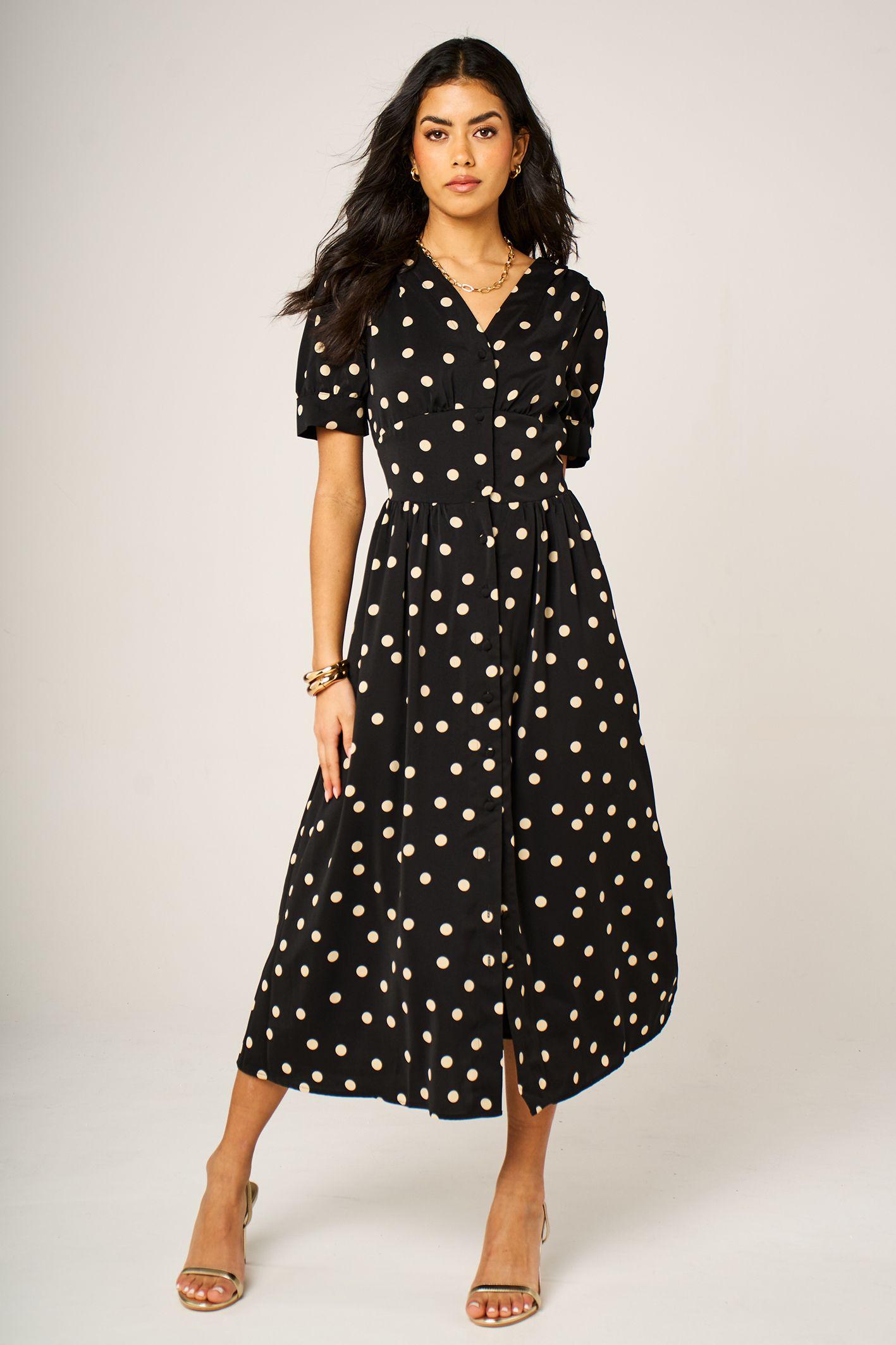 Dot Print Puff Sleeves Button Front Midi Dress by FS COLLECTION