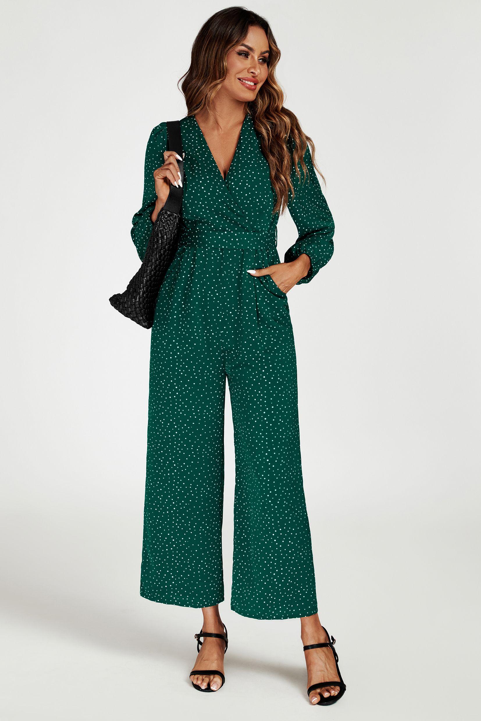 Dot Print Wrap Jumpsuit In Green by FS COLLECTION