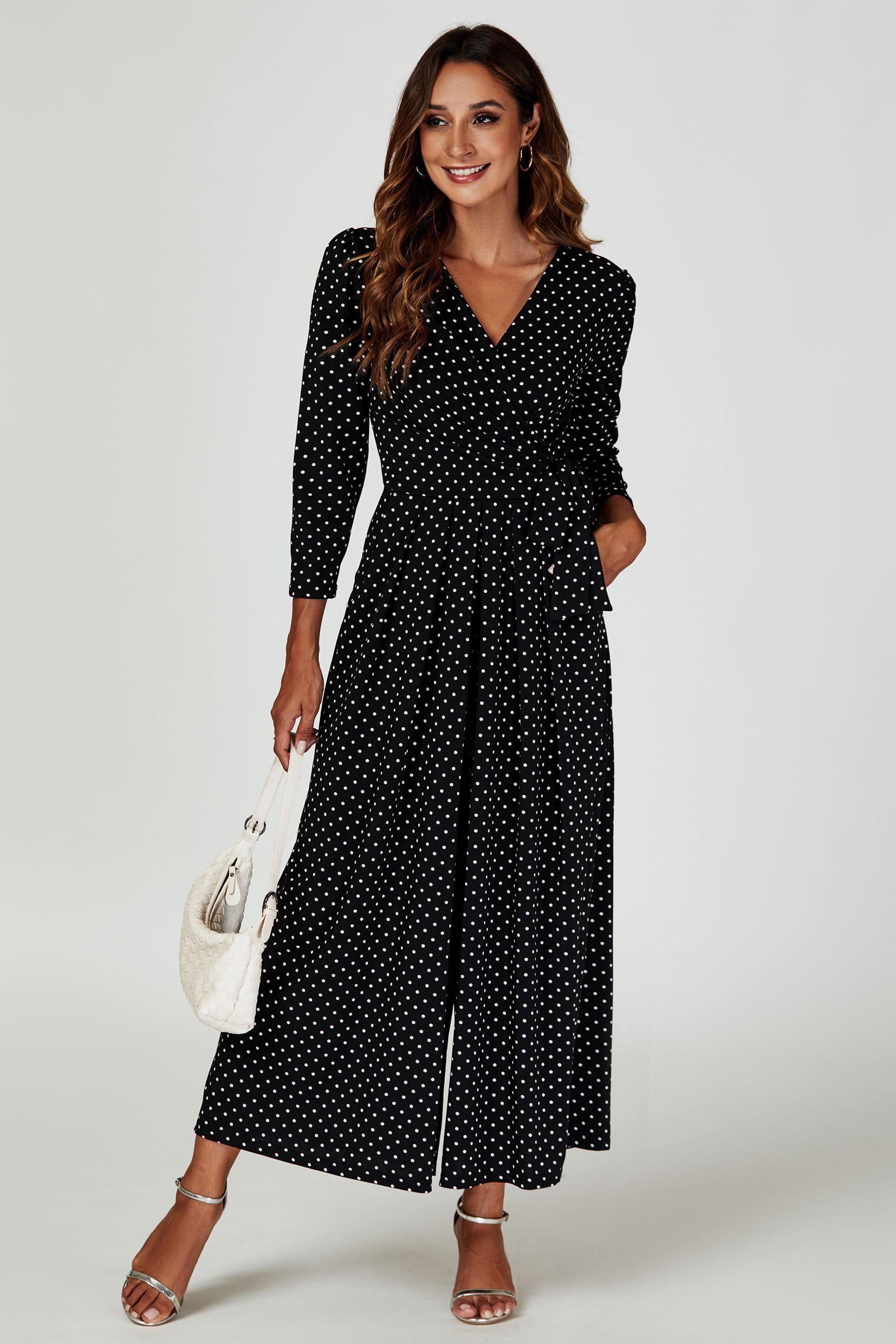 Dot Print Wrap Top Jumpsuit Dress In Black by FS COLLECTION