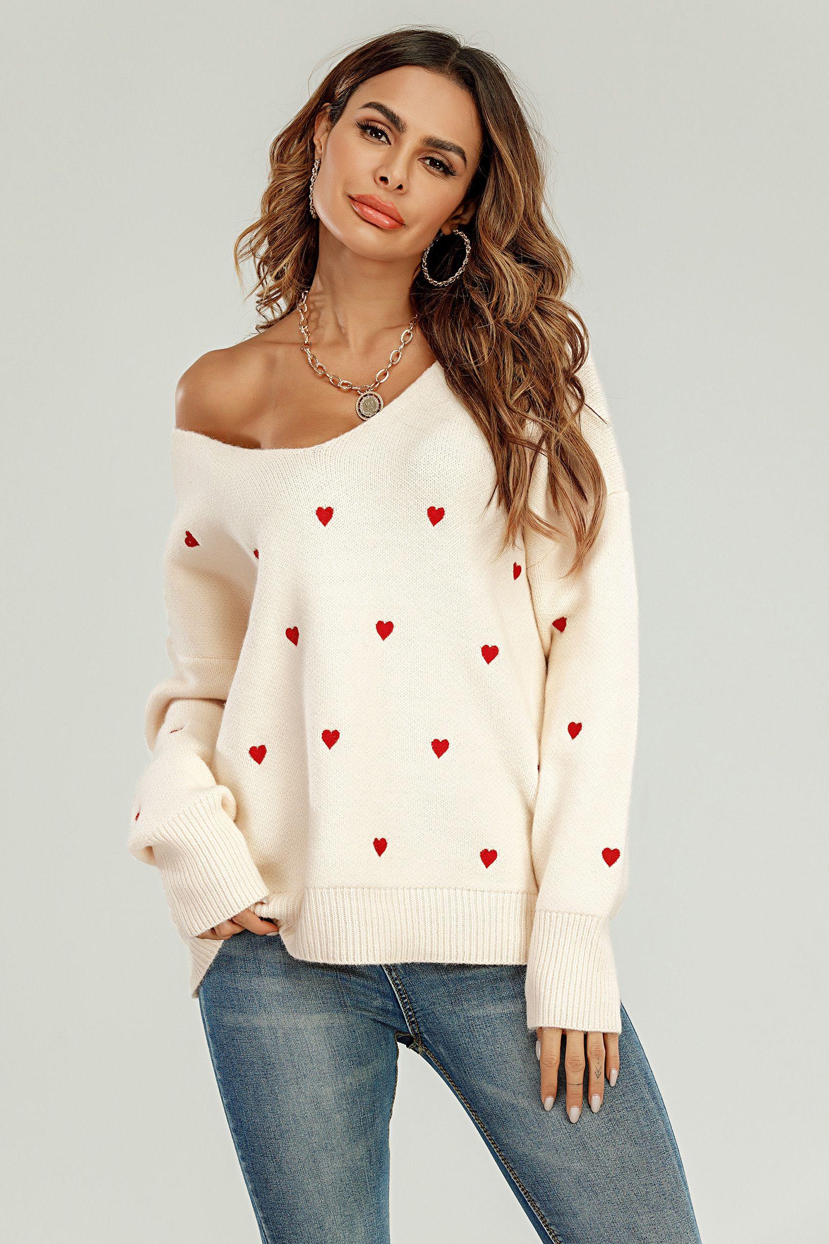 Embroidery Red Heart V Neck Jumper In Cream by FS COLLECTION