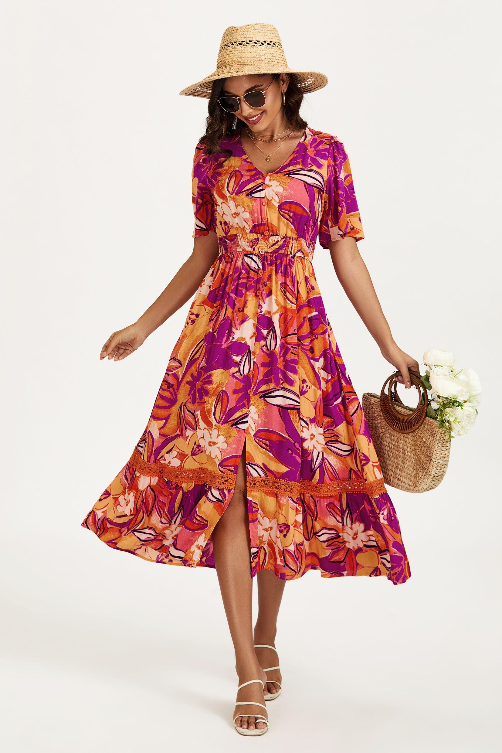 Floral Print Button Down Maxi Dress In Pink Orange by FS COLLECTION