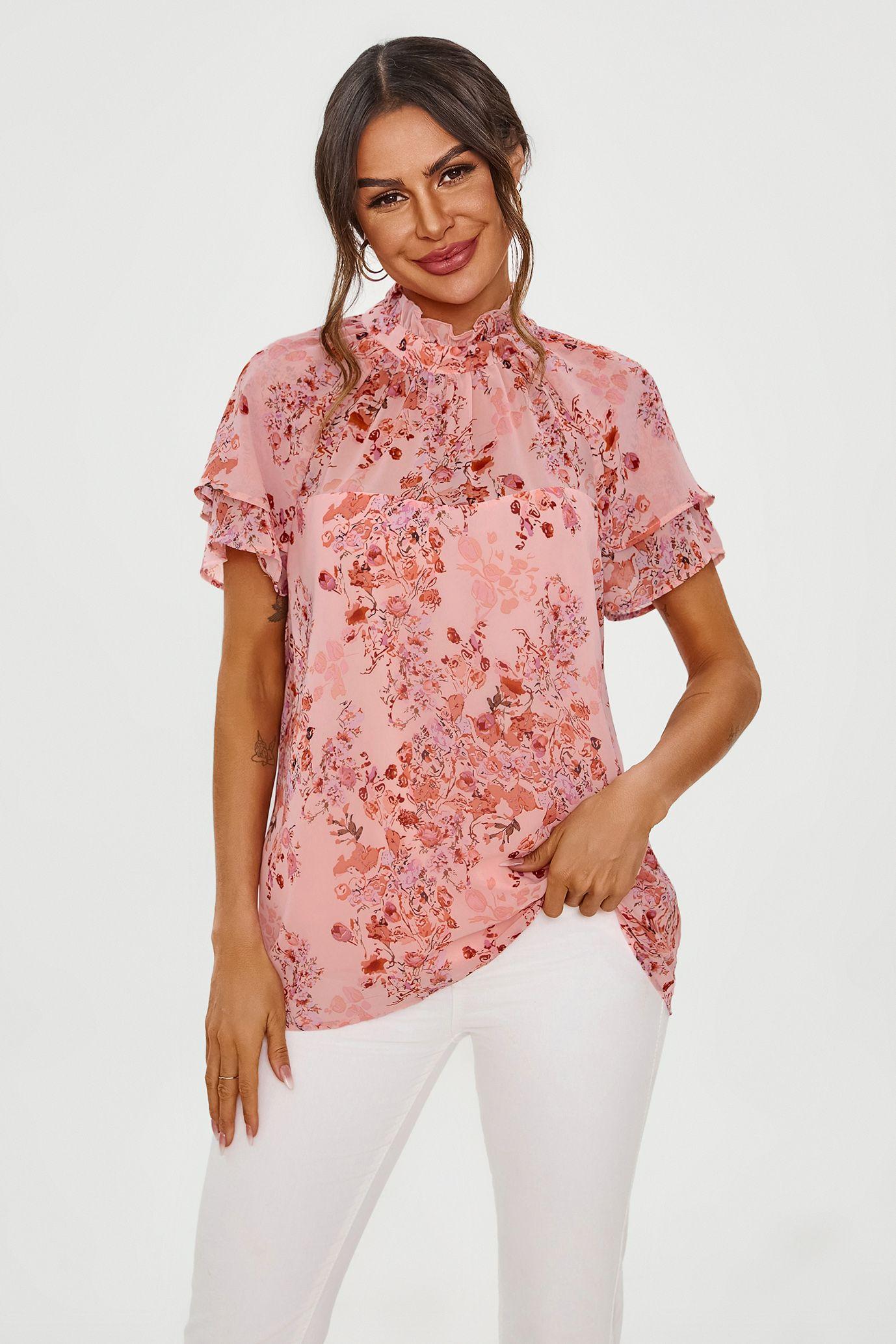 Floral Print Frill Hem Sleeve High Neck Blouse Top In Pink by FS COLLECTION Floral Print Frill Hem Sleeve High Neck Blouse Top In Pink by FS COLLECTION