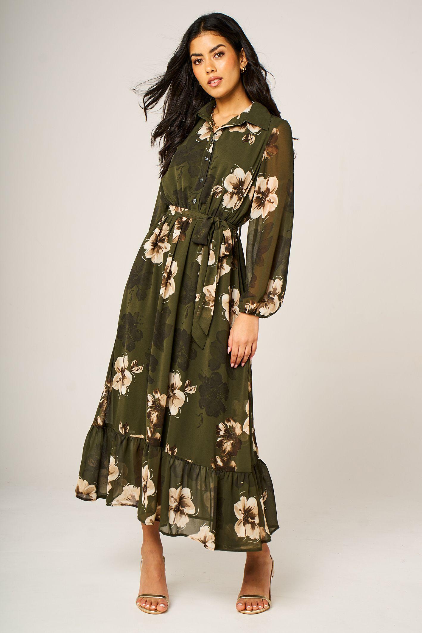 Floral Print Hem Detail Long Sleeve Shirt Midi Dress In Olive Green by FS COLLECTION